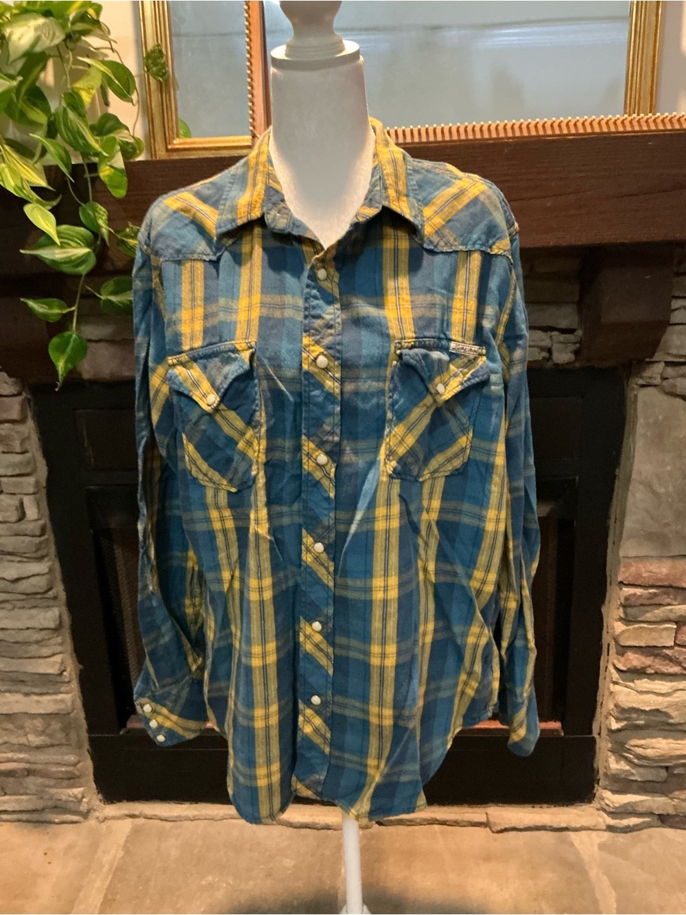 Lucky Brand Blue and Yellow Plaid Flannel Shirt